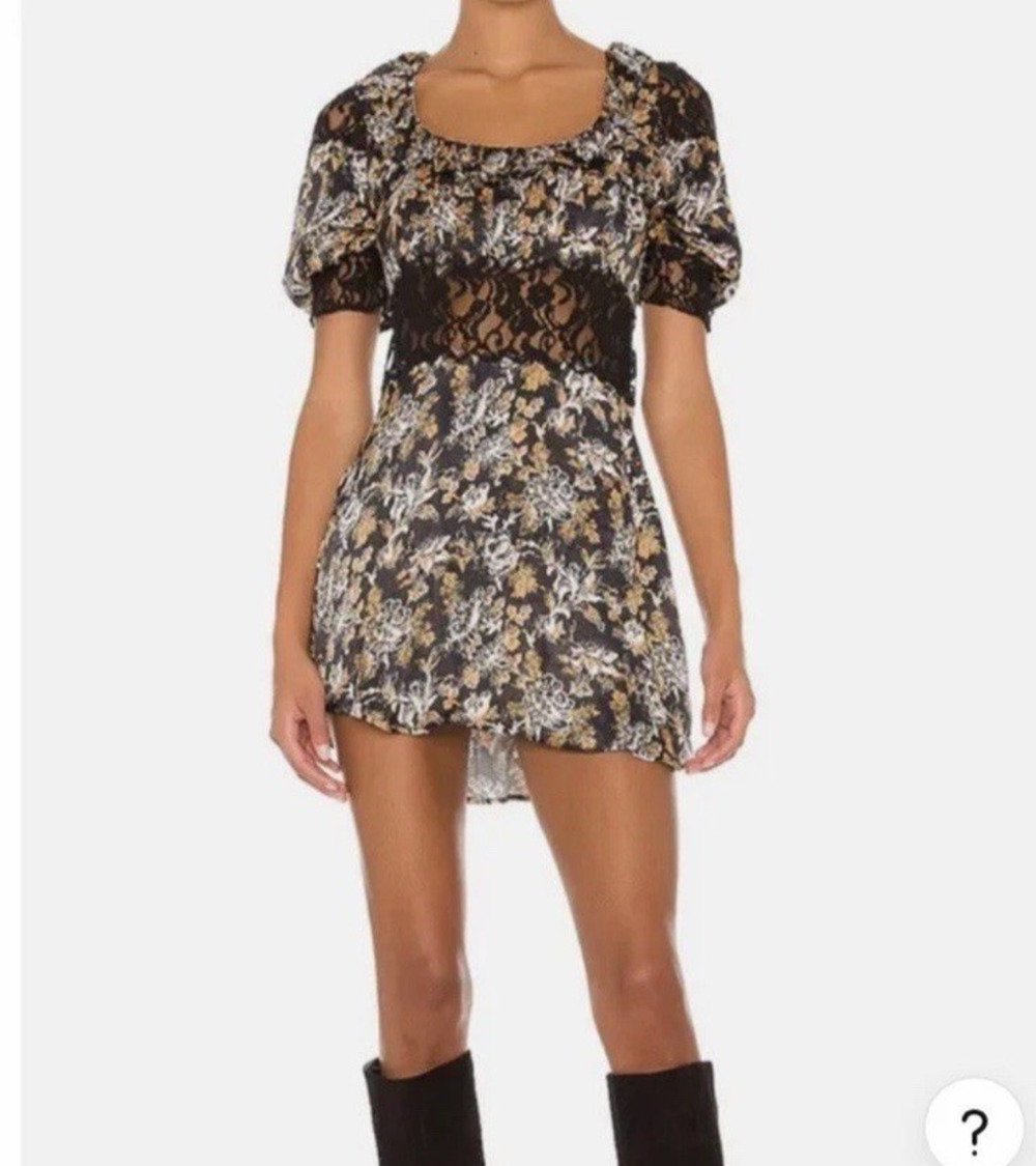NWT Free People Lucie Mini Dress Black Floral Satin Fabric Lace Size 12 Dark
